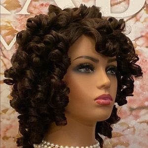 CURLY BROWN WIG WITH BANGS